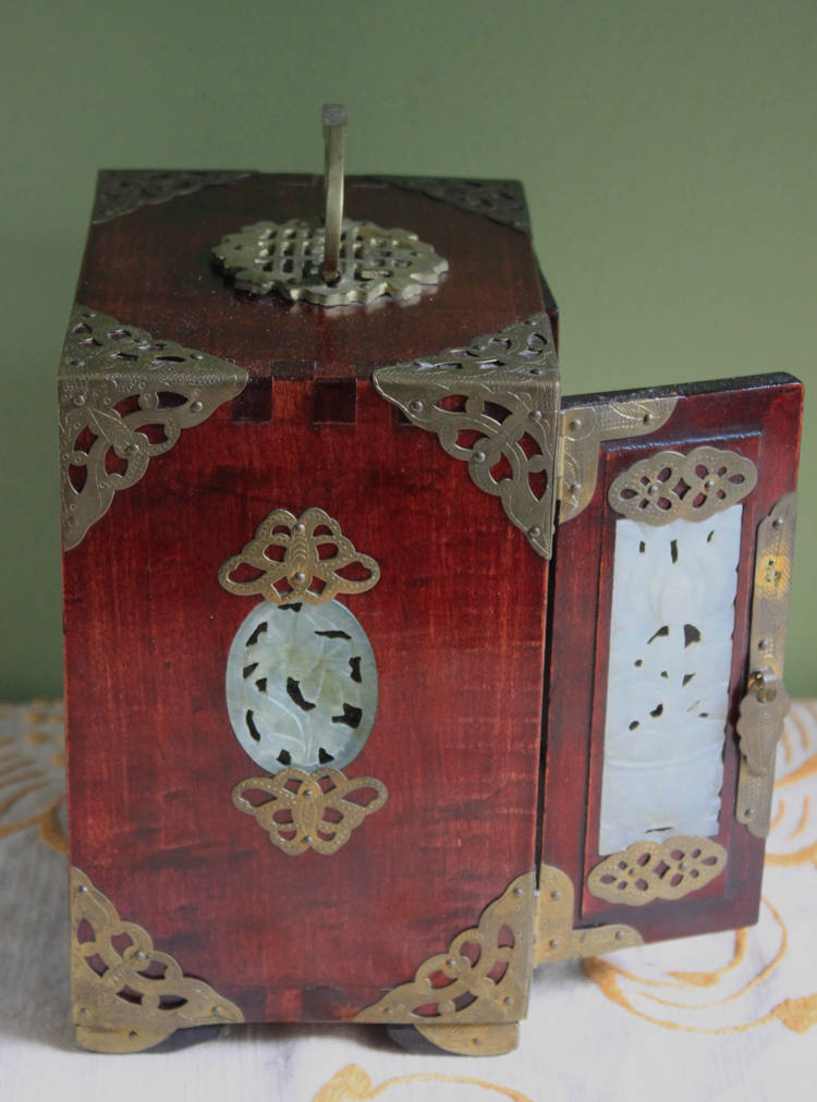 Handmade Vintage Wooden Jewelry Cabinet, Jade Insert Doors, Brass Hardware