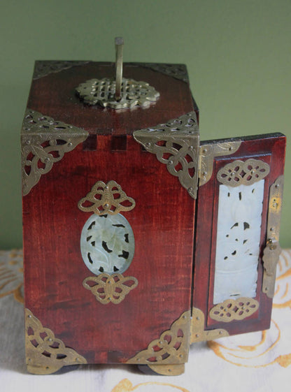 Handmade Vintage Wooden Jewelry Cabinet, Jade Insert Doors, Brass Hardware