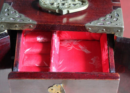 Handmade Vintage Wooden Jewelry Cabinet, Jade Insert Doors, Brass Hardware