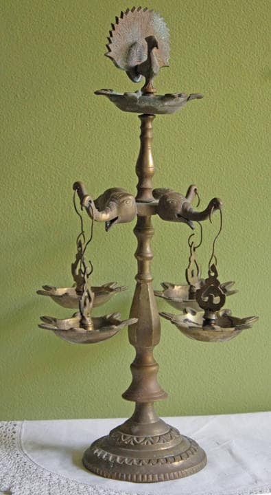 Antique Brass Diya Oil Lamp, Handcrafted Elephants & Peacocks, 15"