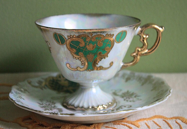 Vintage Cup and Saucer by Staffordshire, England. Hand Painted Tea Set Signed by Artist.