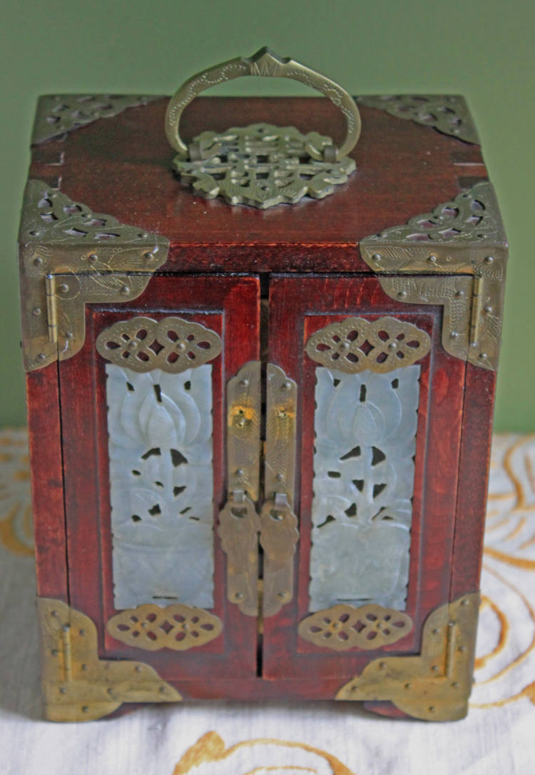 Handmade Vintage Wooden Jewelry Cabinet, Jade Insert Doors, Brass Hardware