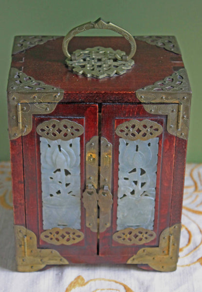 Handmade Vintage Wooden Jewelry Cabinet, Jade Insert Doors, Brass Hardware