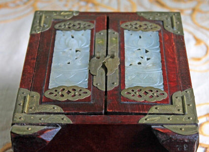 Handmade Vintage Wooden Jewelry Cabinet, Jade Insert Doors, Brass Hardware
