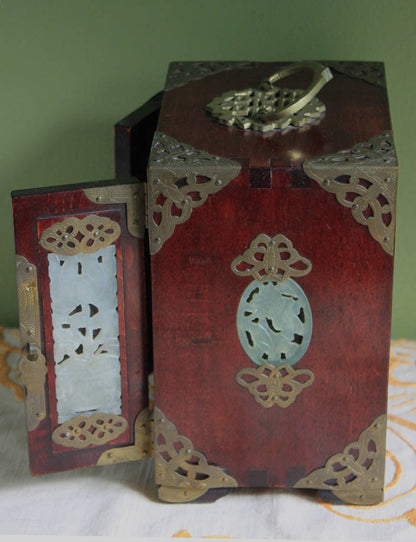Handmade Vintage Wooden Jewelry Cabinet, Jade Insert Doors, Brass Hardware
