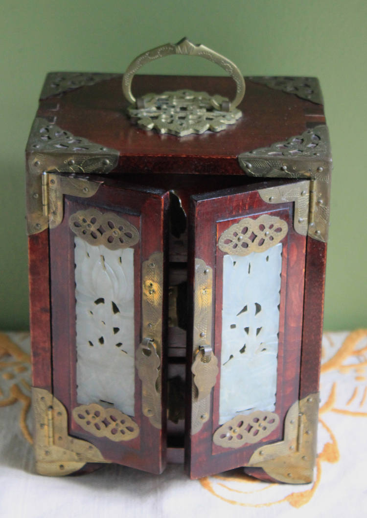 Handmade Vintage Wooden Jewelry Cabinet, Jade Insert Doors, Brass Hardware