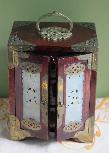 Handmade Vintage Wooden Jewelry Cabinet, Jade Insert Doors, Brass Hardware