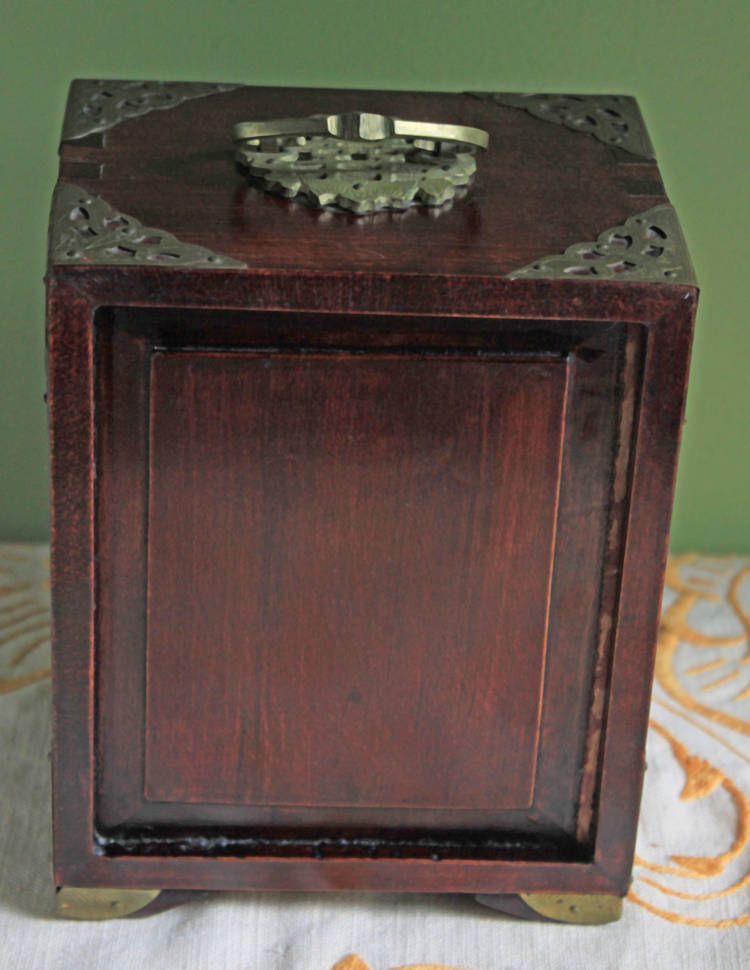 Handmade Vintage Wooden Jewelry Cabinet, Jade Insert Doors, Brass Hardware