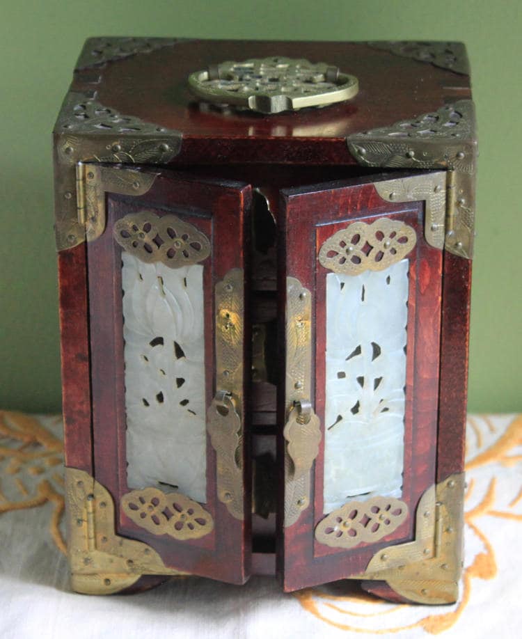 Handmade Vintage Wooden Jewelry Cabinet, Jade Insert Doors, Brass Hardware