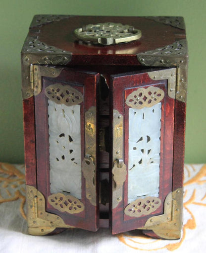 Handmade Vintage Wooden Jewelry Cabinet, Jade Insert Doors, Brass Hardware