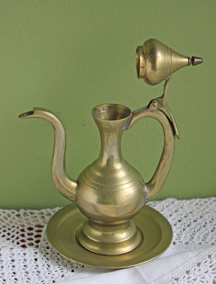 Vintage Brass Pitcher with Hinged Lid and Plate