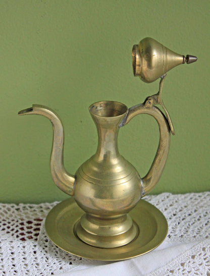 Vintage Brass Pitcher with Hinged Lid and Plate