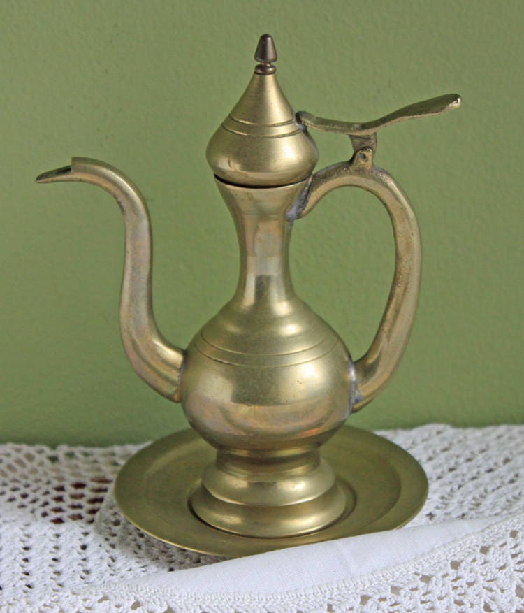 Vintage Brass Pitcher with Hinged Lid and Plate