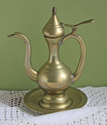 Vintage Brass Pitcher with Hinged Lid and Plate