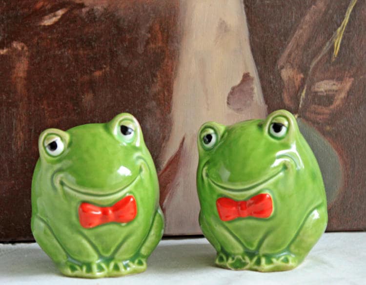 Salt and Pepper Whimsical Frog Shakers with Red Bow Ties