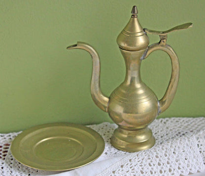 Vintage Brass Pitcher with Hinged Lid and Plate