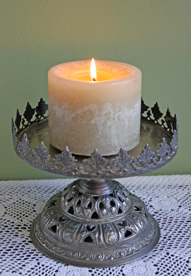 Antique Silver Plated Pillar Candle Holder with Peacocks