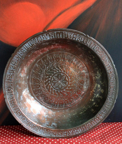 Antique Indian Hammered Copper Bowl – Large Hand-Pounded Tinned Rustic Pan