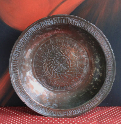 Antique Indian Hammered Copper Bowl – Large Hand-Pounded Tinned Rustic Pan