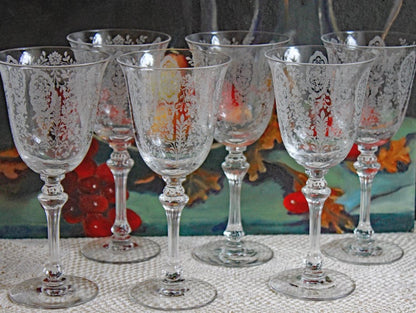 Tiffin-Franciscan Wine Goblets. Etched June Night Pattern. Collectible Stemware. Set of 6. Modern Farmhouse. French Country. House Beautiful