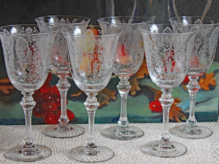 Antique Tall Sherbet Crystal Glasses by Fostoria. Etched Midnight Rose Pattern. Set of Six, 4 oz, Glassware. Replacements. Fine Dining.