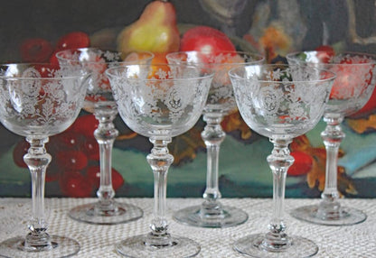 Vintage Cut Crystal Champagne Glasses, Fine Stemware, Daisy Motif, Set of 9