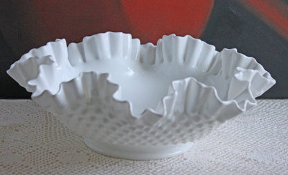 Banana Bowl. Westmoreland Vintage Milk Glass Pedestal Bowl. Reticulated Edge and Doric Stand. Table Centerpiece.