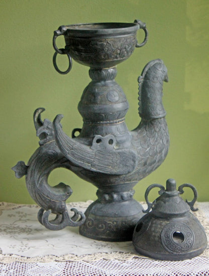 Antique Bronze Bird Incense Burner, Asian Ritual Vessel