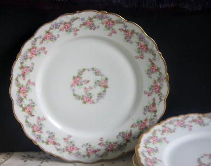 Limoges Elite Set of Five Bread, Salad, 8.75 inch Plates with Pink Roses and Scalloped Rim.  Antique Limoges Dishes.