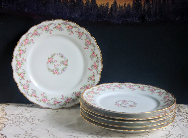 Limoges Elite Set of Five Bread, Salad, 8.75 inch Plates with Pink Roses and Scalloped Rim.  Antique Limoges Dishes.