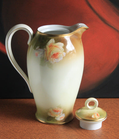 Bavarian Coffee Pot by Schwartzburg with Yellow Roses on Green Background