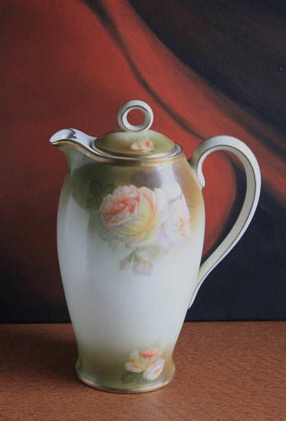 Bavarian Coffee Pot by Schwartzburg with Yellow Roses on Green Background