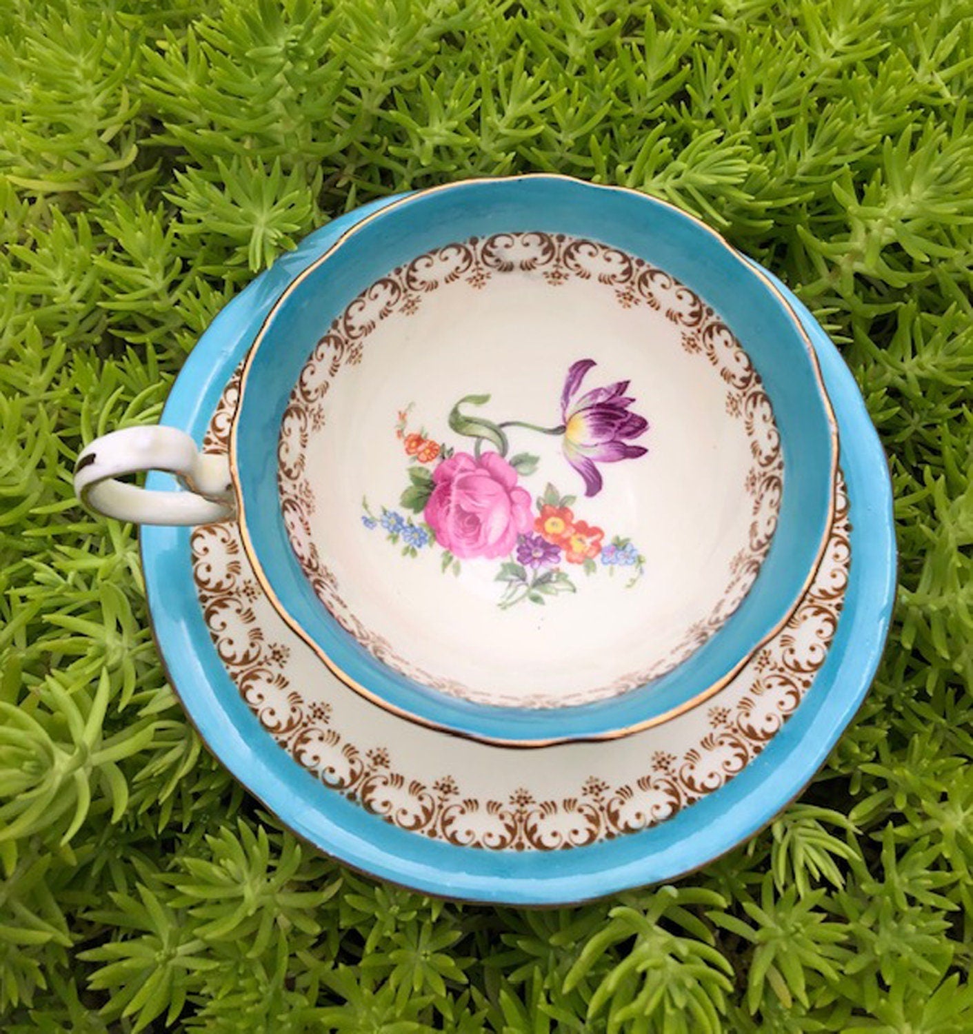 Antique Aynsley English Bone China Tea Cup & Saucer - Turquoise Floral, Cabbage Rose Pattern