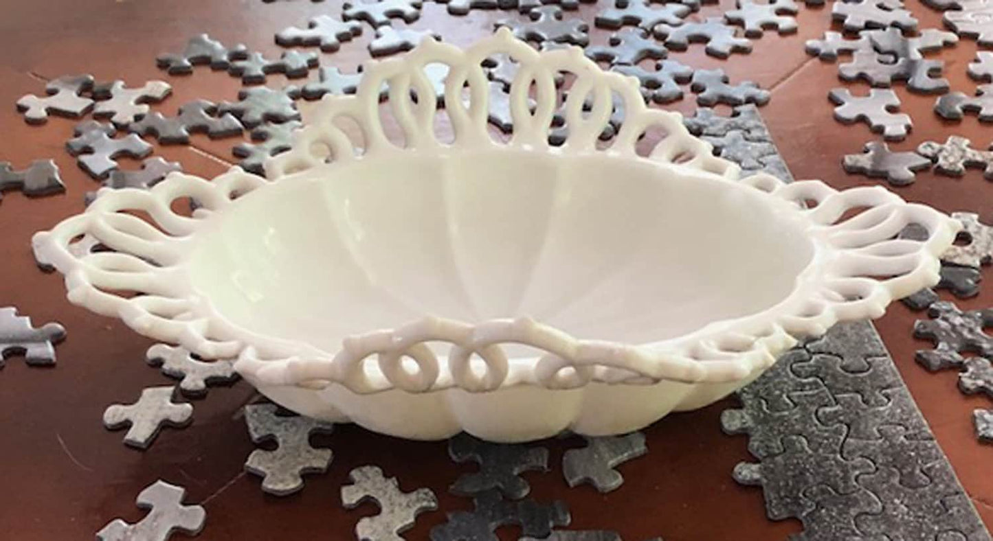 Milk Glass Tear Drop Small Serving Dishes with Fluting & Lacy Brim. Set of 2 White Serving Dishes. Kitchen, Bath Decor. Condiment, Soap Dish