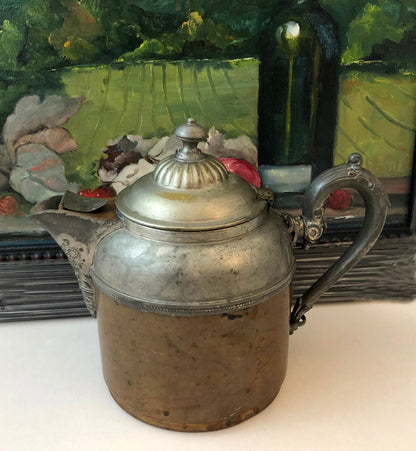 Antique Manning Bowman Copper Pewter Coffee Pot, Ornate Lid - Rustic Decor