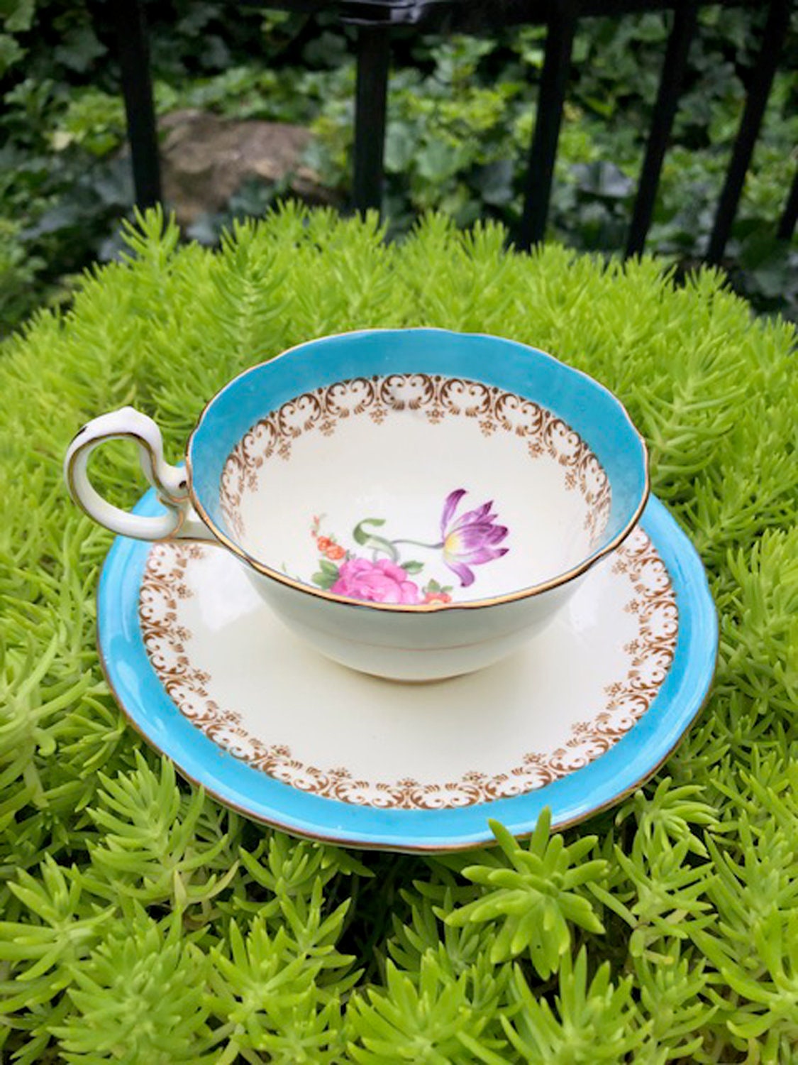 Antique Aynsley English Bone China Tea Cup & Saucer - Turquoise Floral, Cabbage Rose Pattern