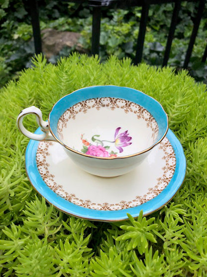 Antique Aynsley English Bone China Tea Cup & Saucer - Turquoise Floral, Cabbage Rose Pattern
