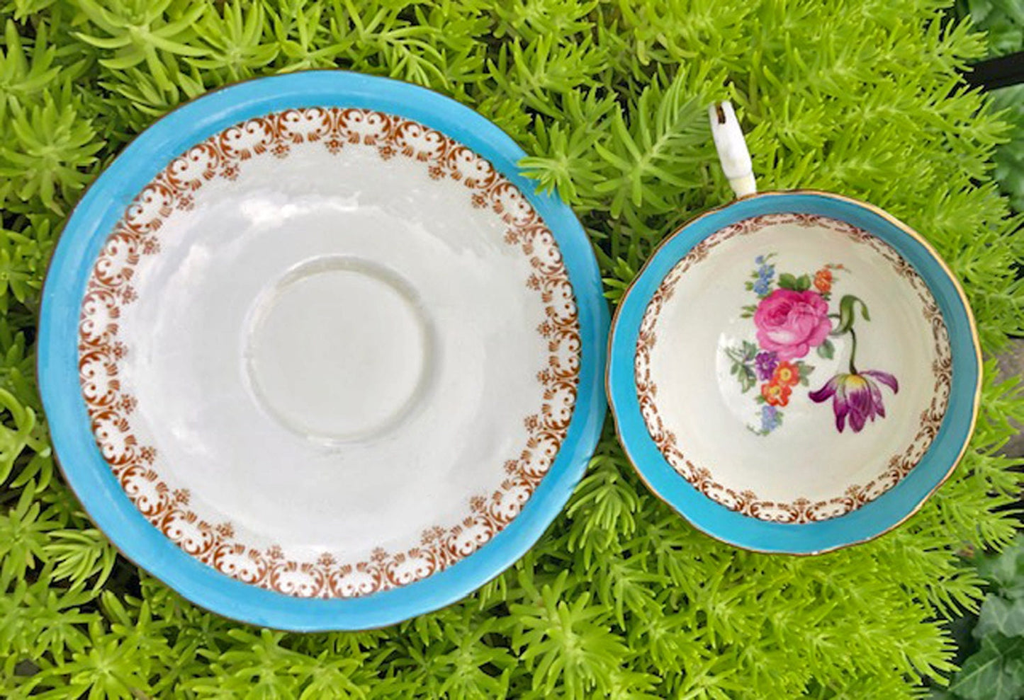 Antique Aynsley English Bone China Tea Cup & Saucer - Turquoise Floral, Cabbage Rose Pattern