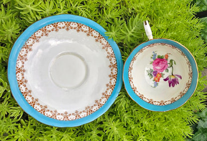 Antique Aynsley English Bone China Tea Cup & Saucer - Turquoise Floral, Cabbage Rose Pattern