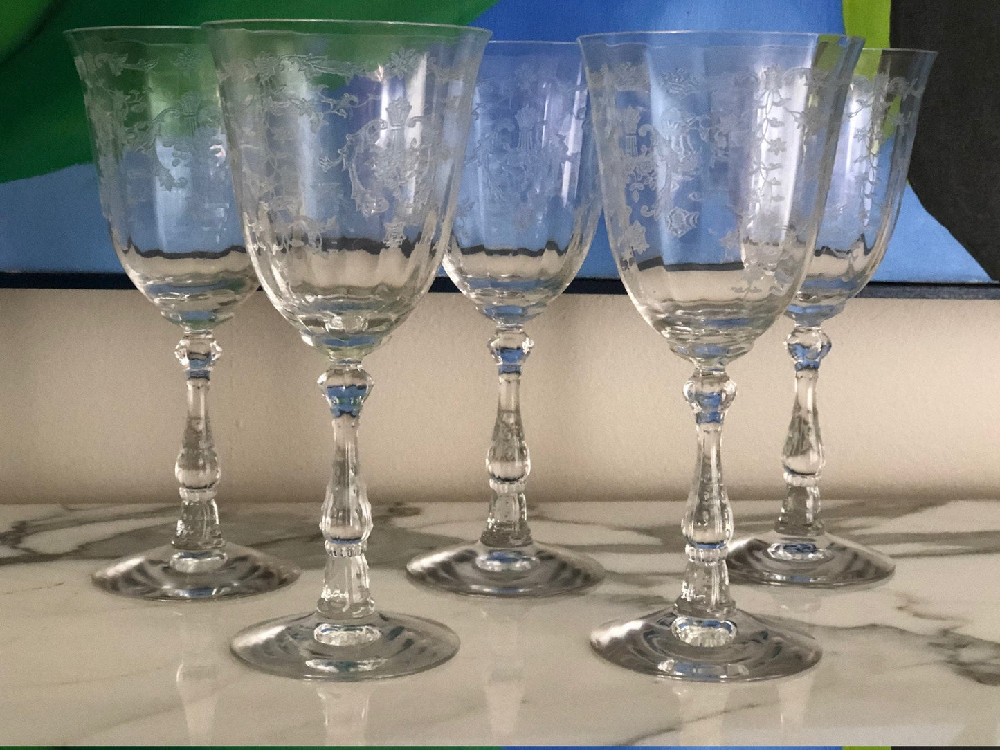 Fostoria Ice Tea Footed Tumblers. Etched Woodland Pattern. Vintage Fostoria Crystal Glasses. Set of 7 Stemware. Collectible Glass.