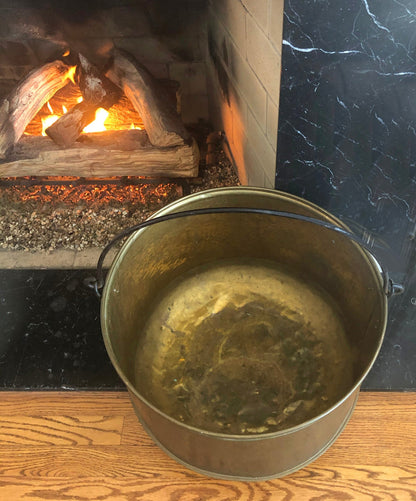 Antique Copper Cauldron with Brass Bottom & Ceramic Handles. Hand Hammered Scuttle for Firewood. Rustic Home Decor.