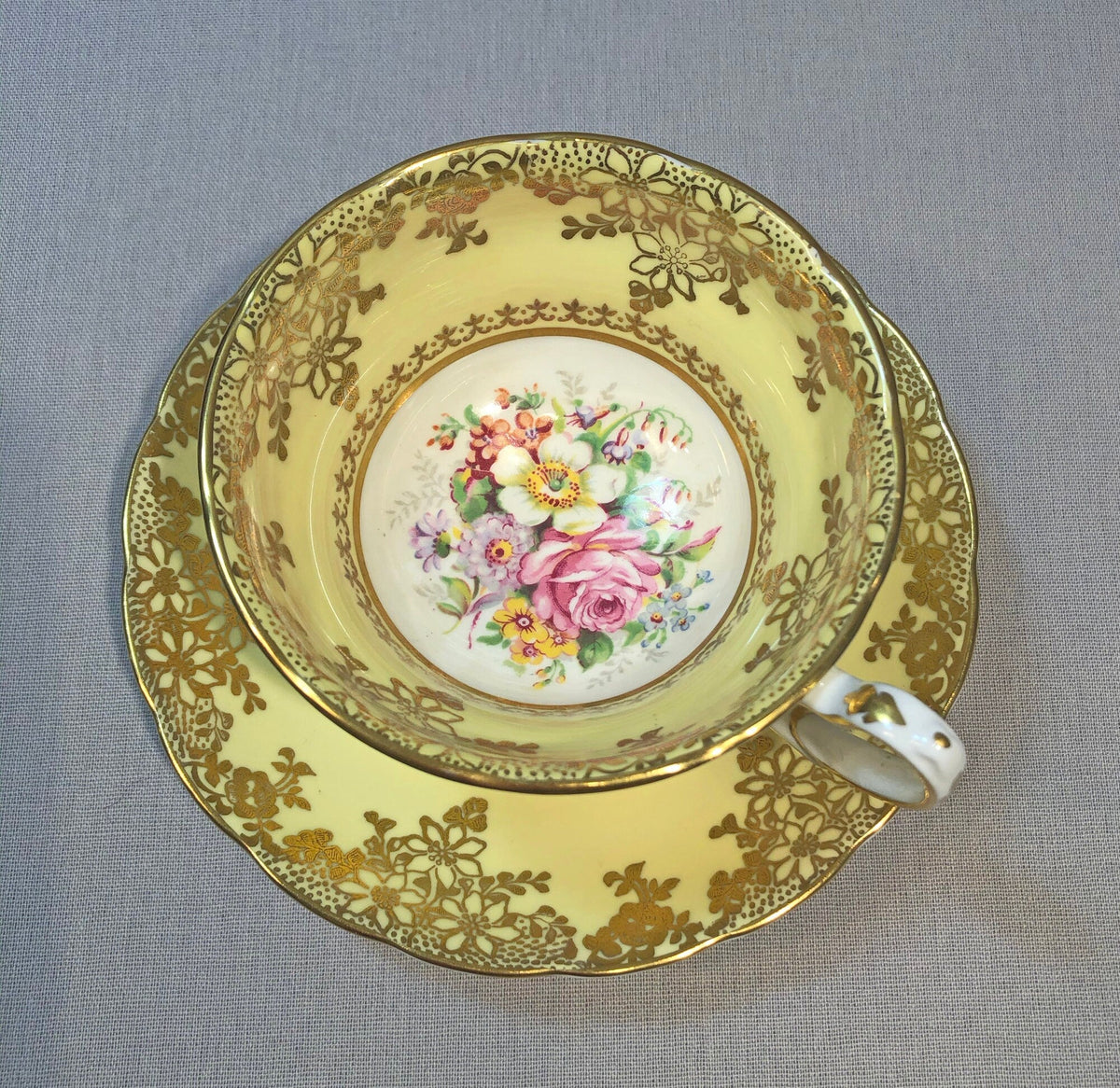 Vintage Grosvenor Tea Cup Set, Yellow Floral English Bone China