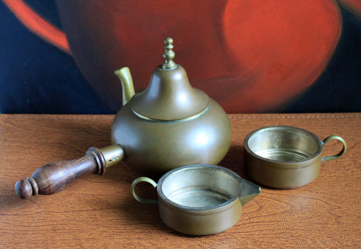 Antique Copper Turkish Coffee Maker Set, Wooden Handle, Tin Lined