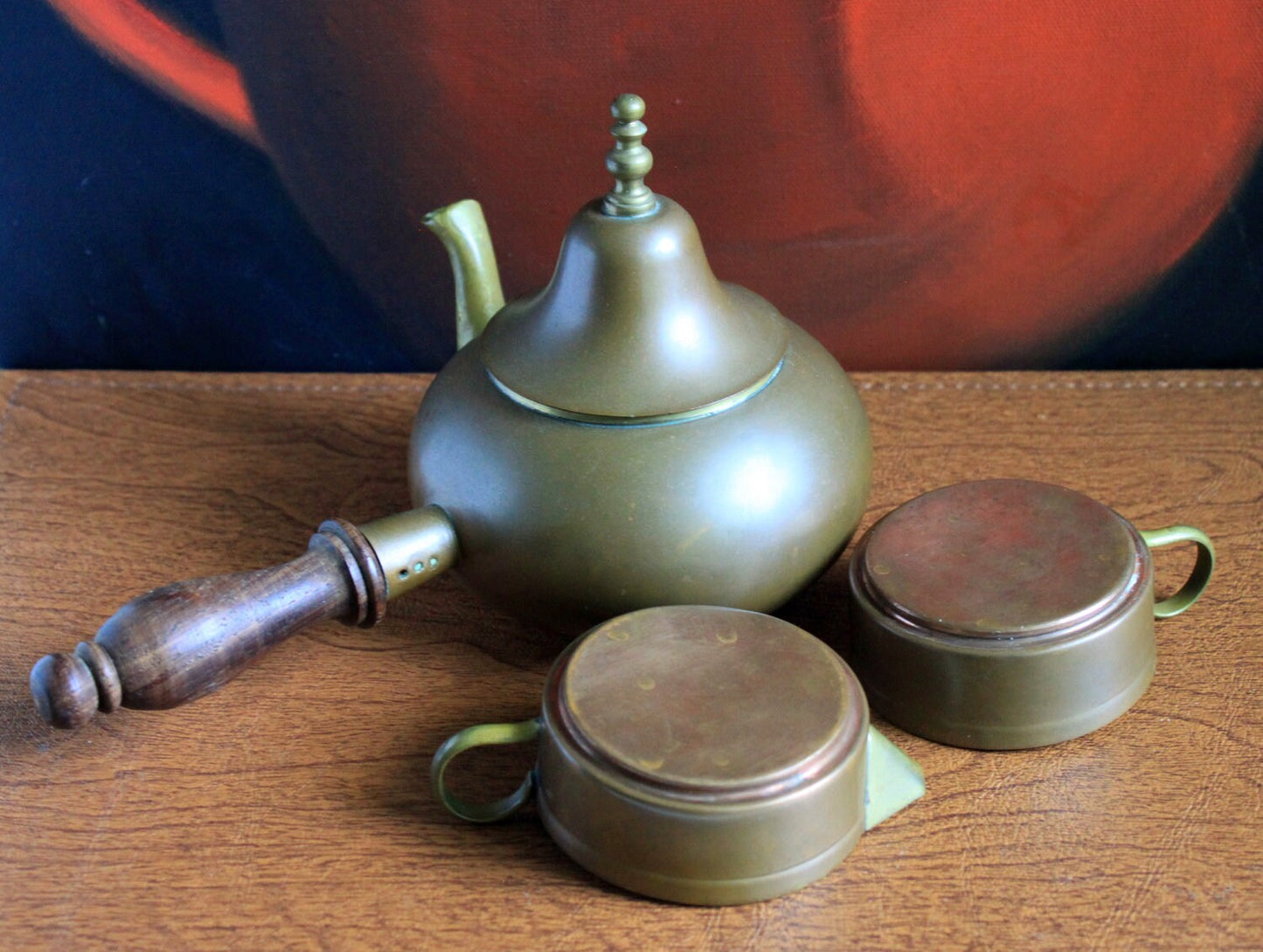 Antique Copper Turkish Coffee Maker Set, Wooden Handle, Tin Lined