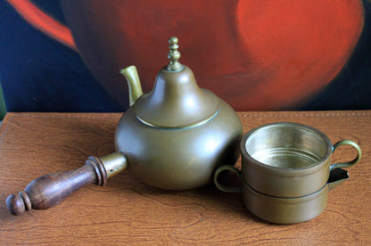 Antique Copper Turkish Coffee Maker Set, Wooden Handle, Tin Lined