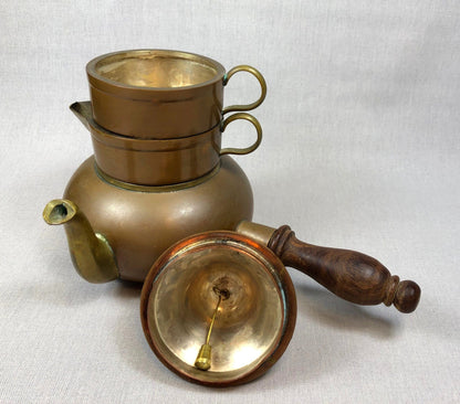 Antique Copper Turkish Coffee Maker Set, Wooden Handle, Tin Lined