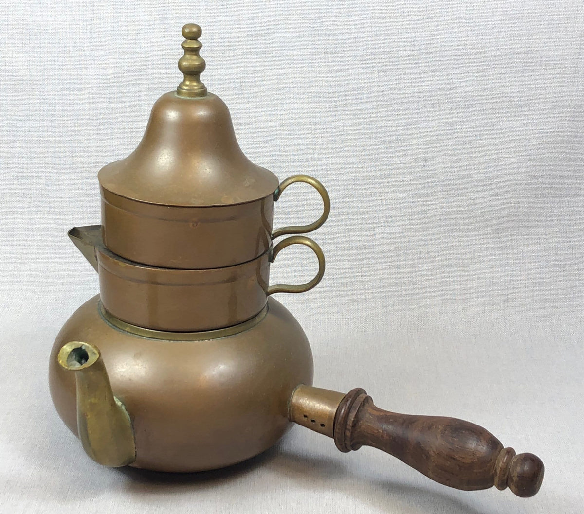 Antique Copper Turkish Coffee Maker Set, Wooden Handle, Tin Lined
