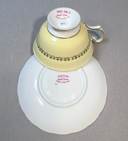 Vintage Grosvenor Tea Cup Set, Yellow Floral English Bone China