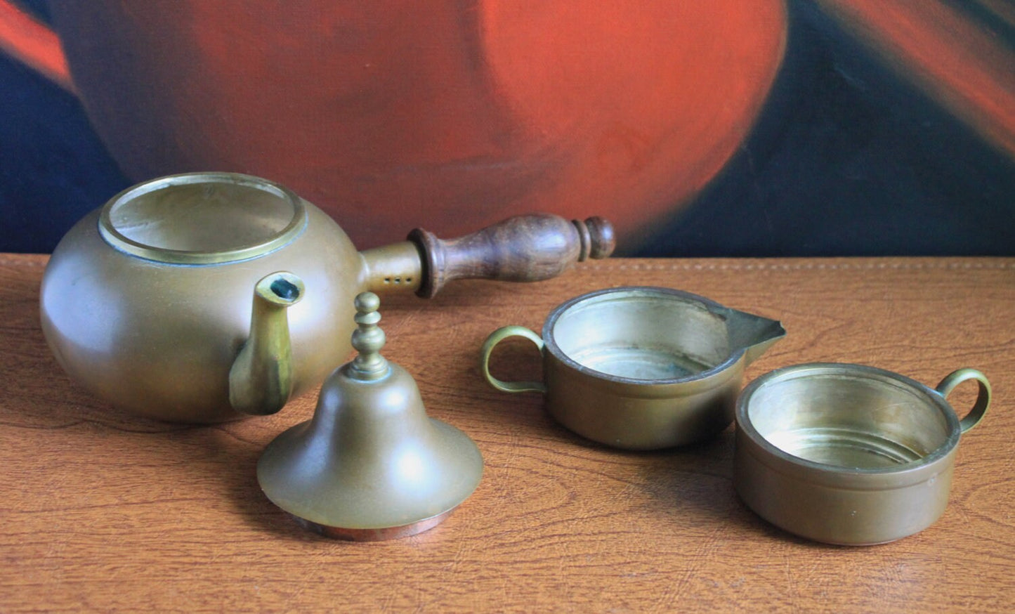 Antique Copper Turkish Coffee Maker Set, Wooden Handle, Tin Lined