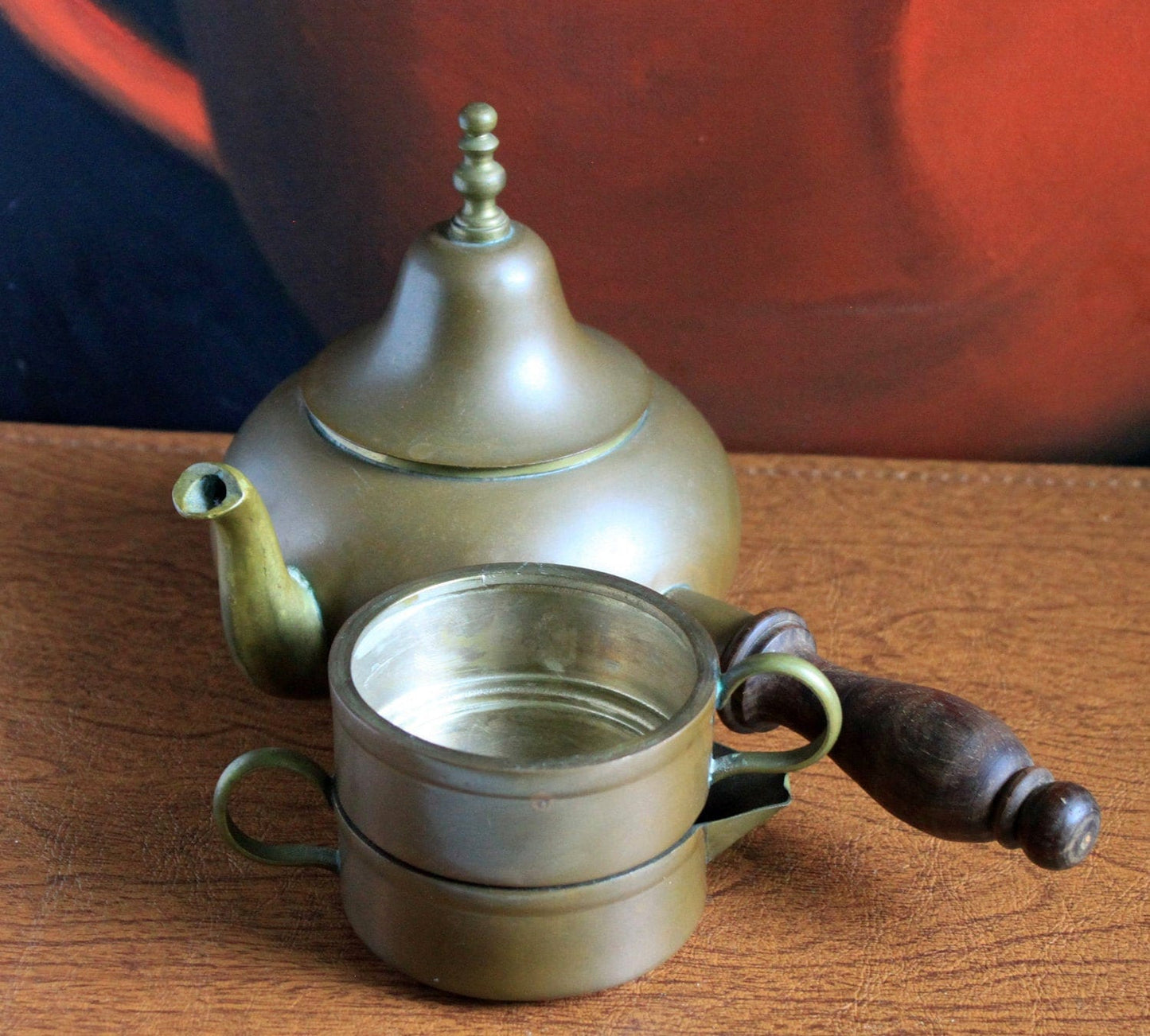 Antique Copper Turkish Coffee Maker Set, Wooden Handle, Tin Lined